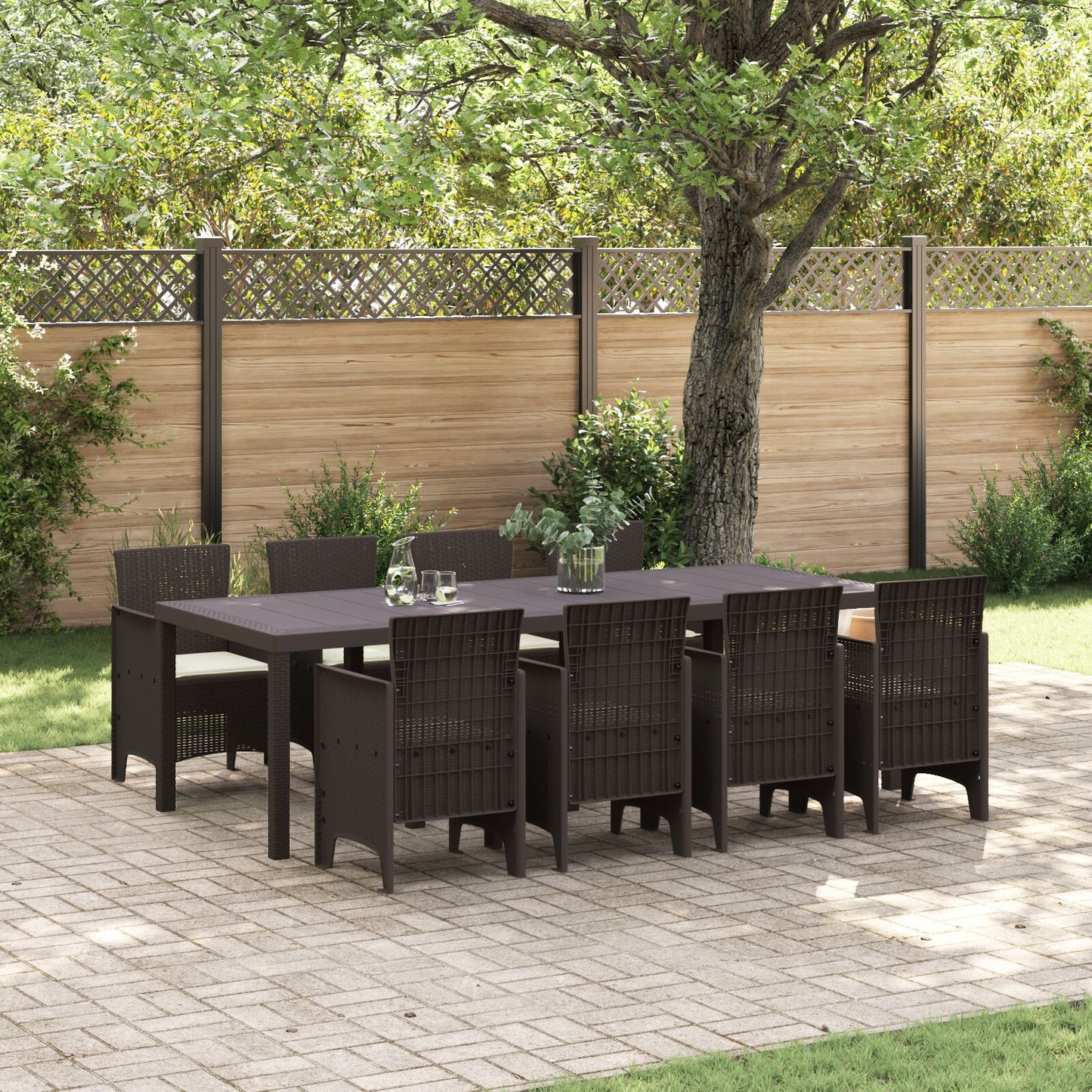 vidaXL 9-teiliges Garten-Esszimmer-Set mit Kissen Braun Poly-Rattan