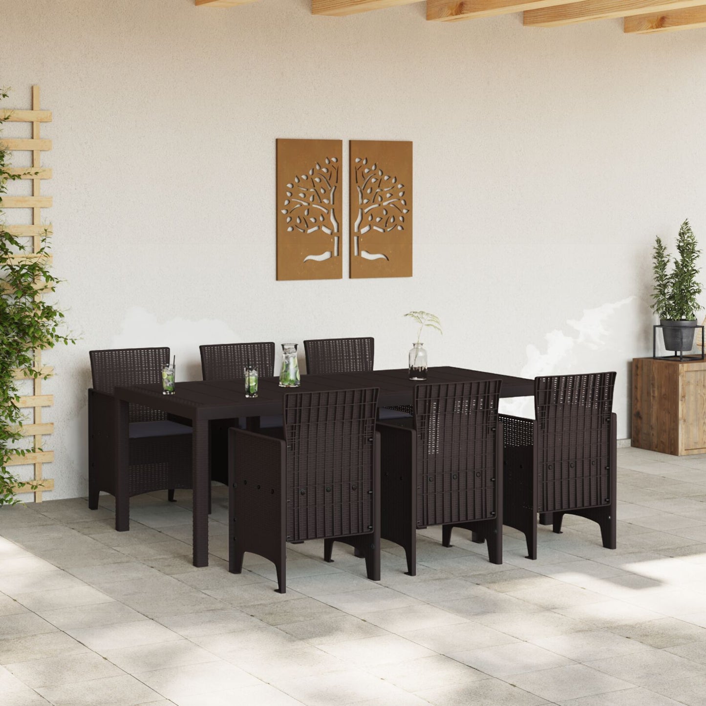 vidaXL 7-teiliges Garten-Essset mit Kissen Dunkelbraun Poly Rattan