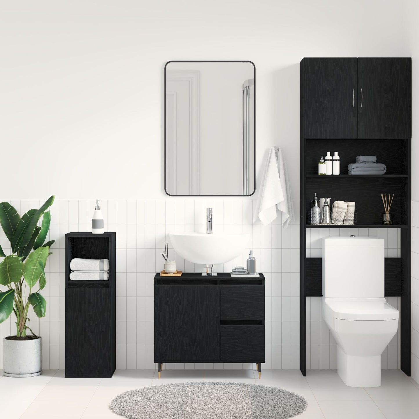 vidaXL Badezimmer Waschbecken Schrank Schwarz Eiche 65x33x60 cm Engineered Wood