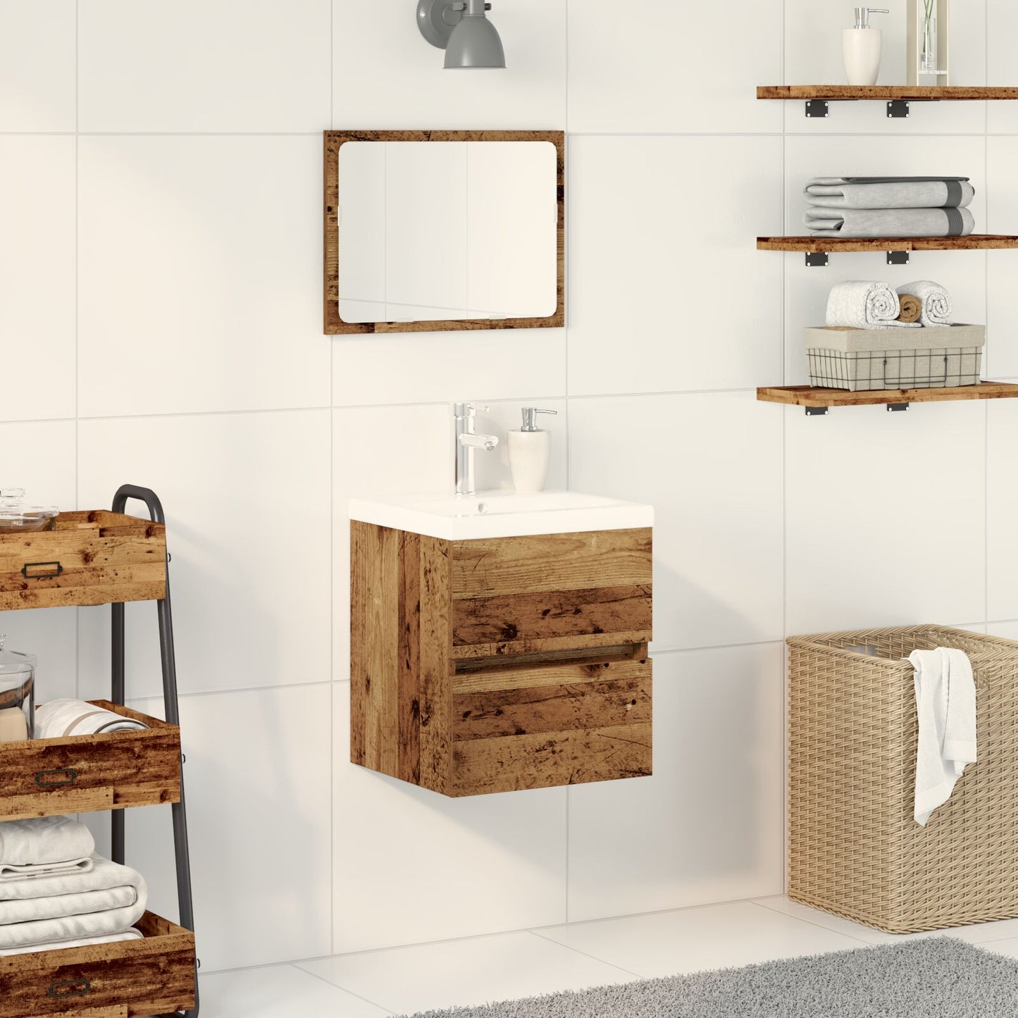 vidaXL Waschbeckenunterschrank mit eingebautem Becken Schwarze Eiche Ingenieure Holz, vidaXL Waschbeckenunterschrank Alter Holz 41x38,5x45 cm Ingenieure Holz