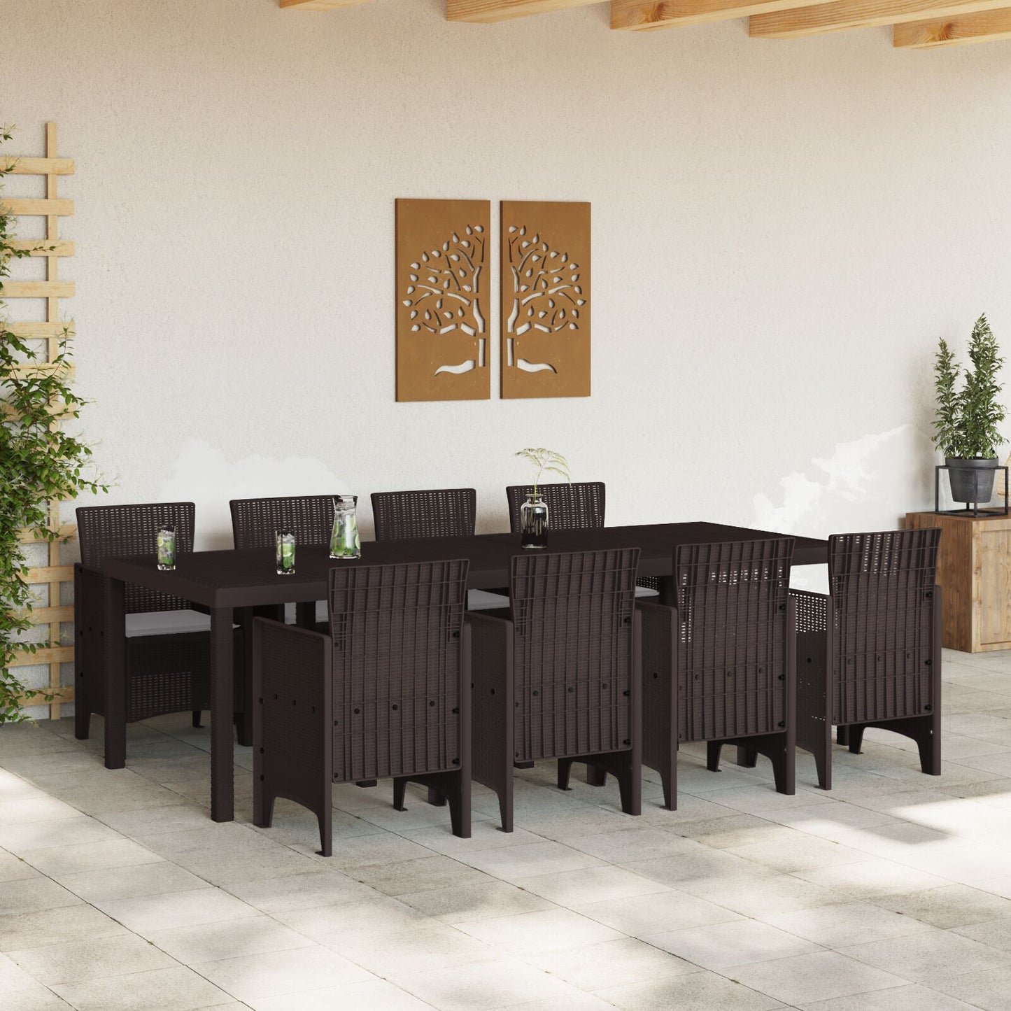 vidaXL 9-teiliges Garten-Esstisch-Set mit Kissen in Braun aus Poly-Rattan