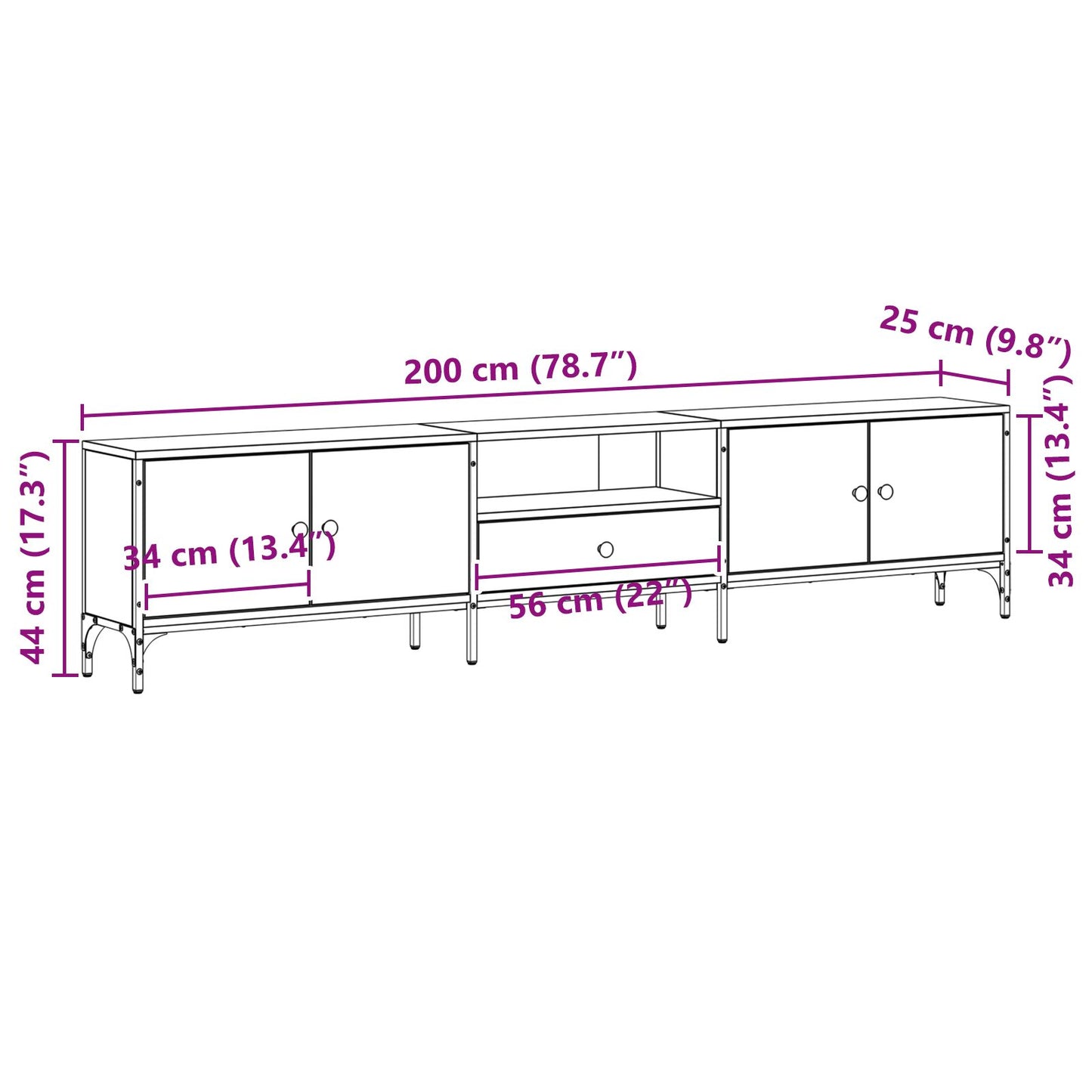 vidaXL TV-Schrank mit Schublade Schwarz Eiche 200x25x44 cm Holzwerkstoff