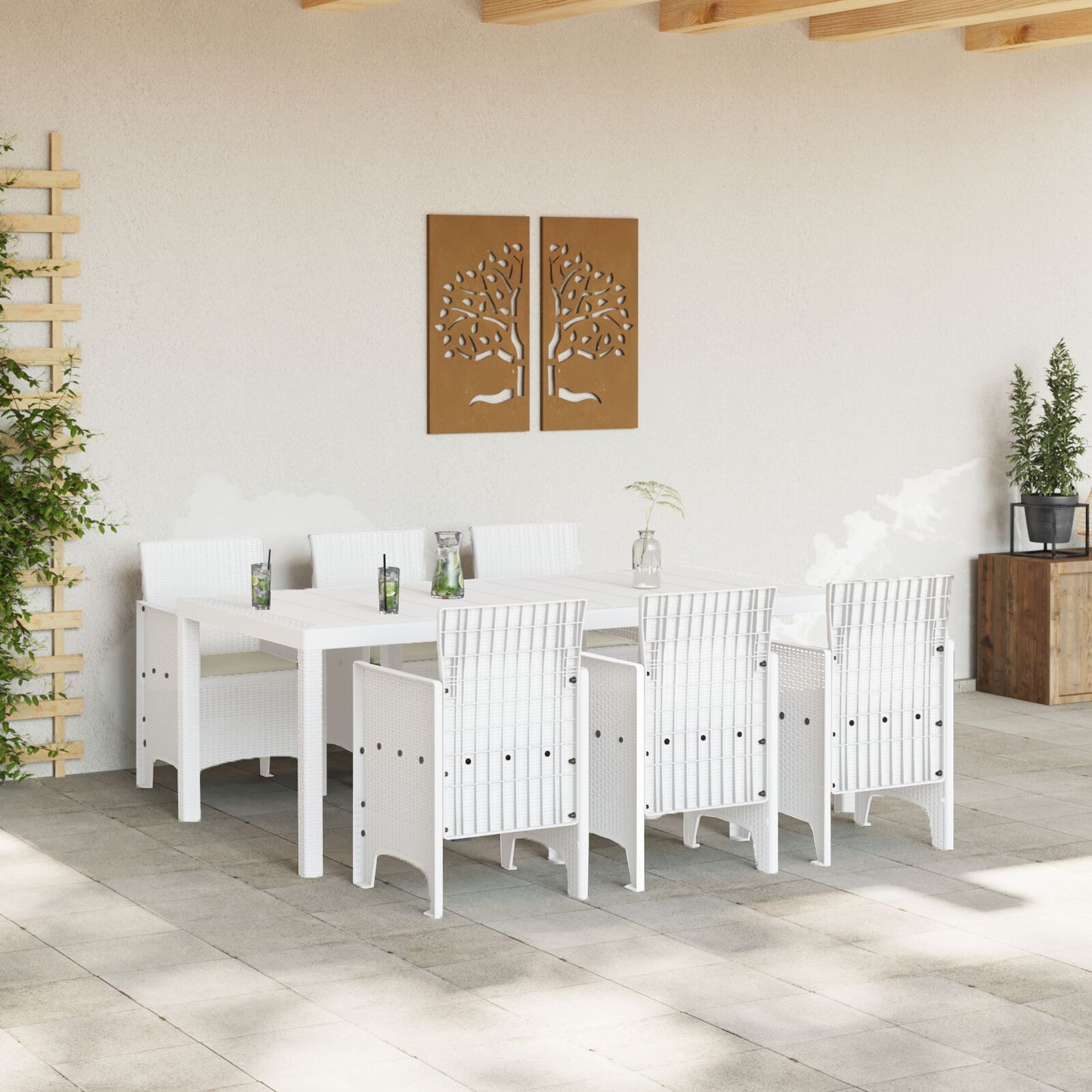 vidaXL 7-teiliges Garten-Essset mit Kissen Weiß Poly-Rattan
