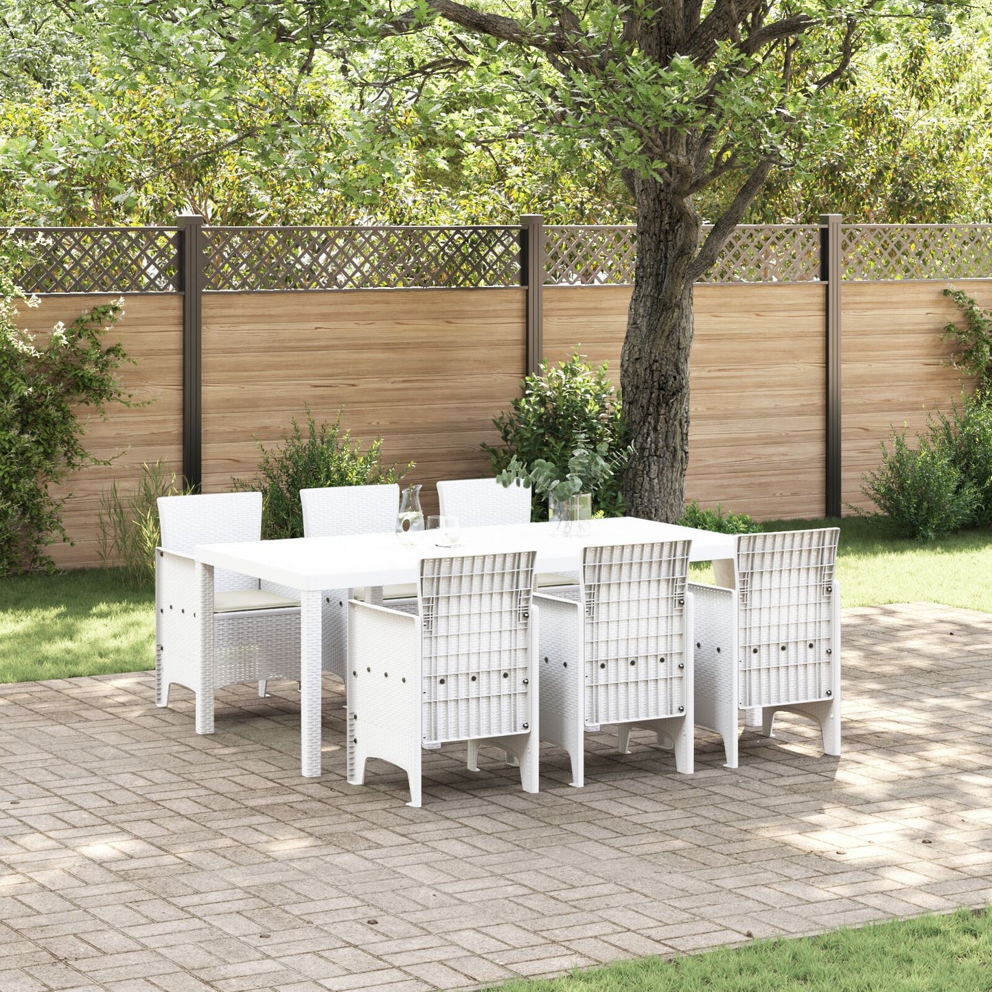 vidaXL 7-teiliges Garten-Essset mit Kissen Weiß Poly-Rattan