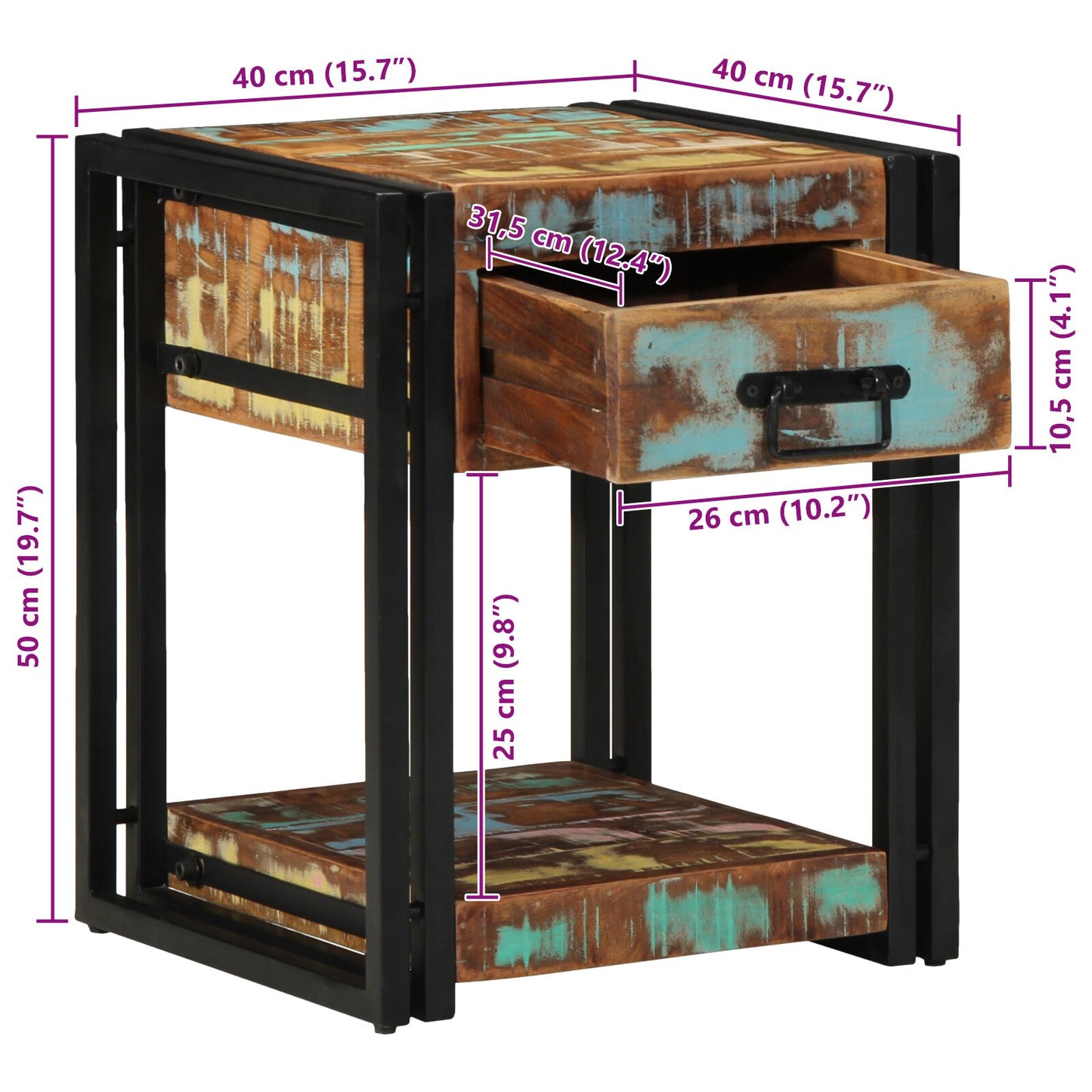 vidaXL Nachttisch 40x40x50 cm Massivholz Altholz