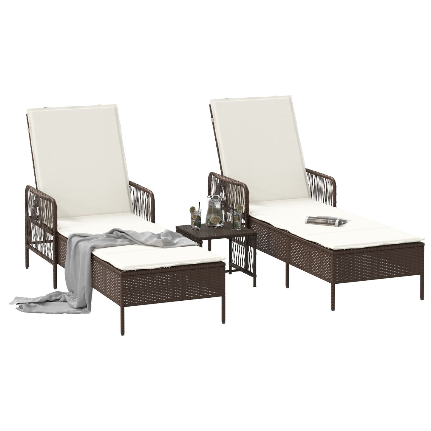 vidaXL Sonnenliege Set 3-teilig Braun und cremeweiß PE Rattan, Metall