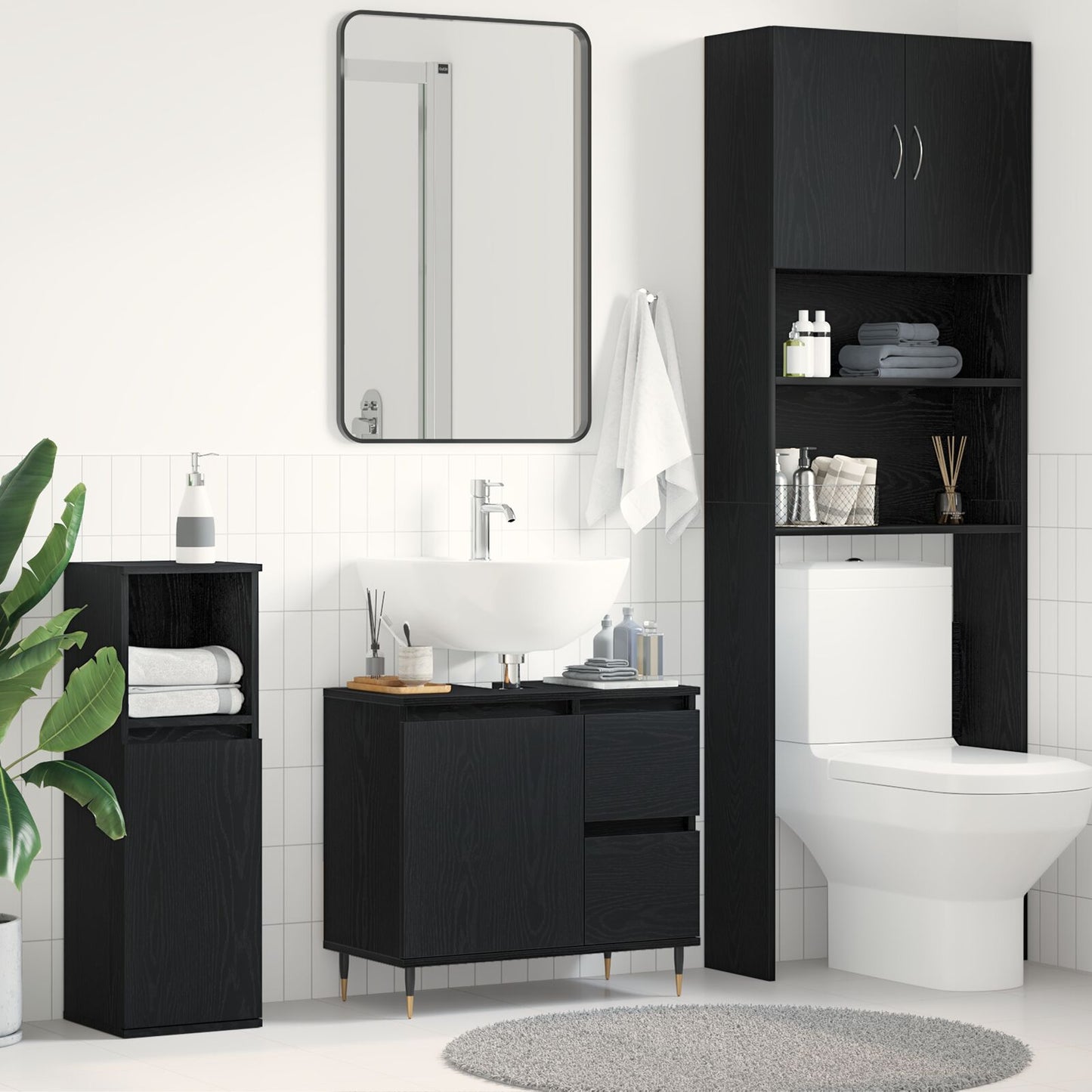 vidaXL Badezimmer Waschbecken Schrank Schwarz Eiche 65x33x60 cm Engineered Wood