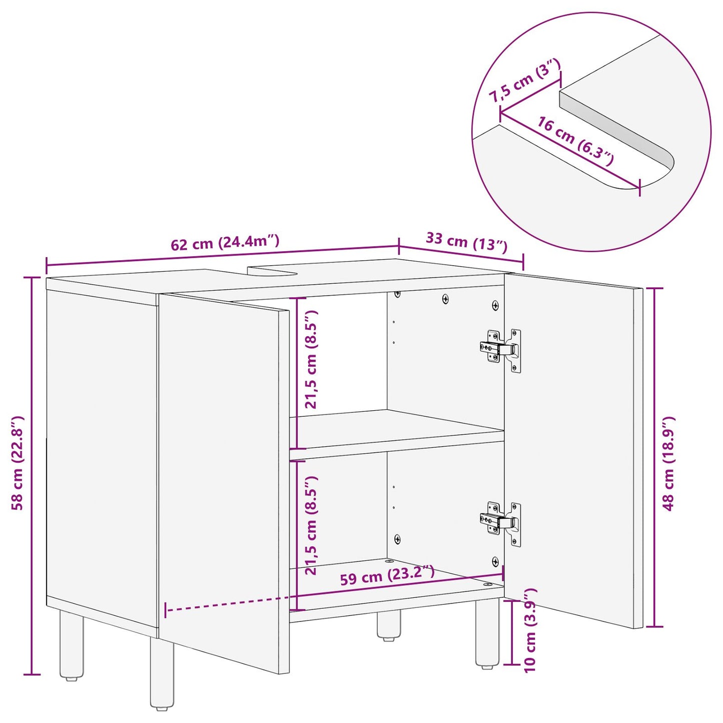 vidaXL Waschbeckenunterschrank 62x33x58 cm Massivholz Akazie