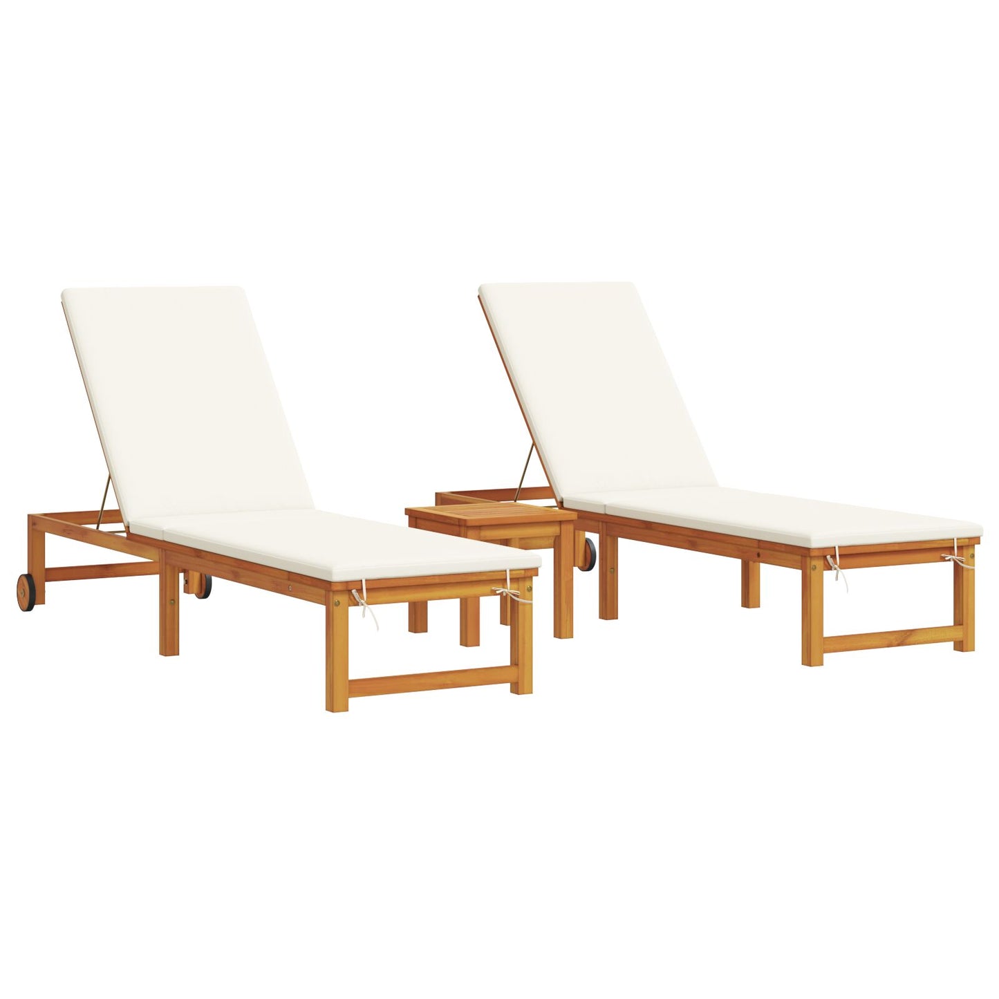 vidaXL Sonnenliegen 2 Stück mit Tisch und Kissen aus massivem Akazienholz, vidaXL Sonnenliege mit cremefarbenen Kissen aus massivem Akazienholz, vidaXL Gartenbeistelltisch 35x35x34 cm aus massivem Akazienholz