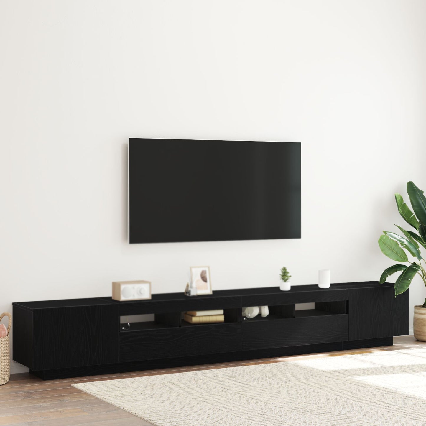 vidaXL TV-Schrank mit LED-Leuchten, schwarz, Eiche, 260x35x40 cm, Holzwerkstoff