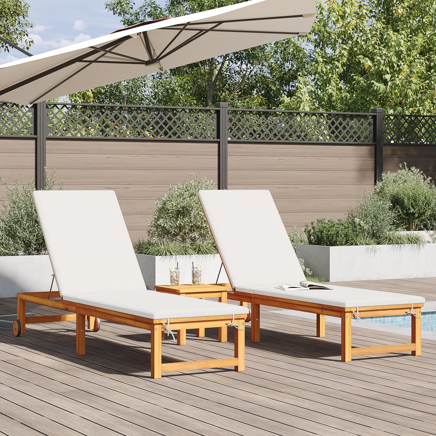 vidaXL Sonnenliegen 2 Stück mit Tisch und Kissen aus massivem Akazienholz, vidaXL Sonnenliege mit cremefarbenen Kissen aus massivem Akazienholz, vidaXL Gartenbeistelltisch 35x35x34 cm aus massivem Akazienholz