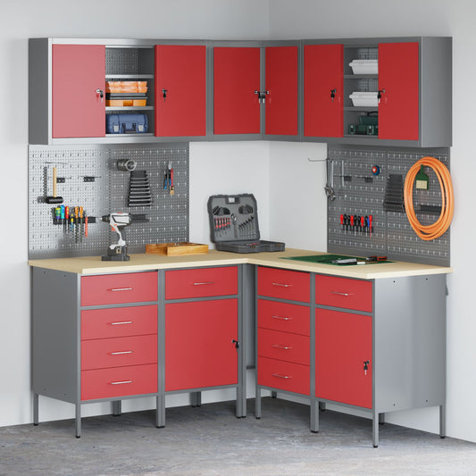 vidaXL 12-teiliges Arbeitskabinen- und Pegboard-Set in Rot, aus MDF und Metall