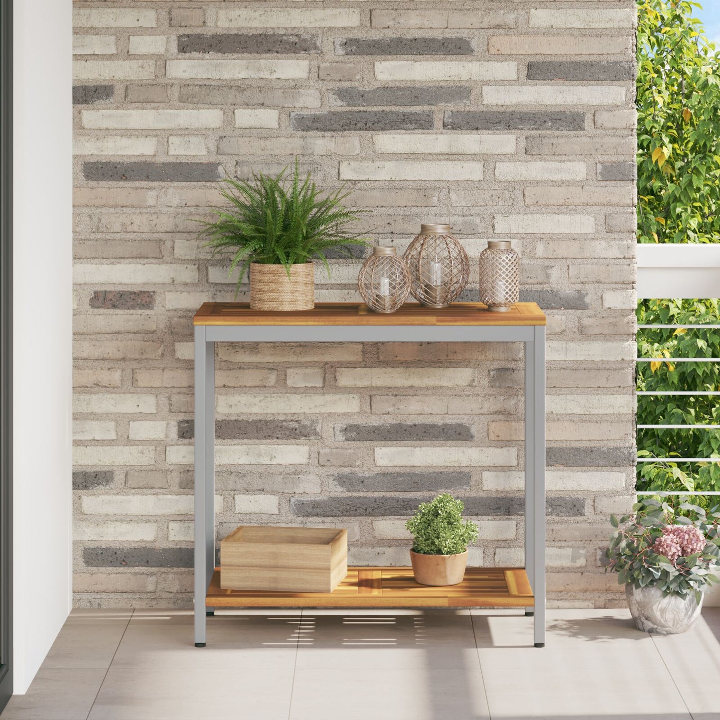 vidaXL Gartentisch Natur & Grau 35x80x75 cm Massivholz und Stahl