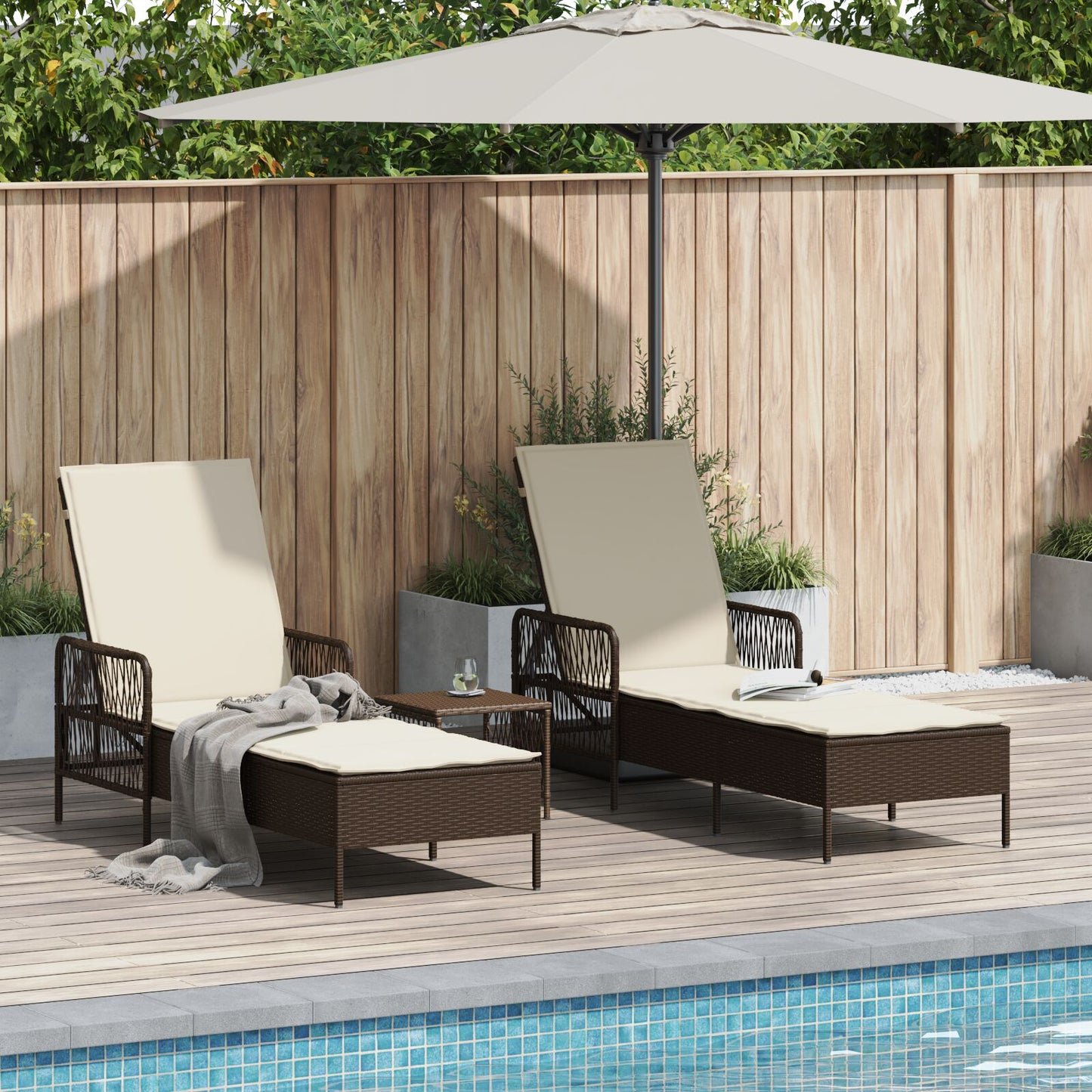 vidaXL Sonnenliege Set 3-teilig Braun und cremeweiß PE Rattan, Metall