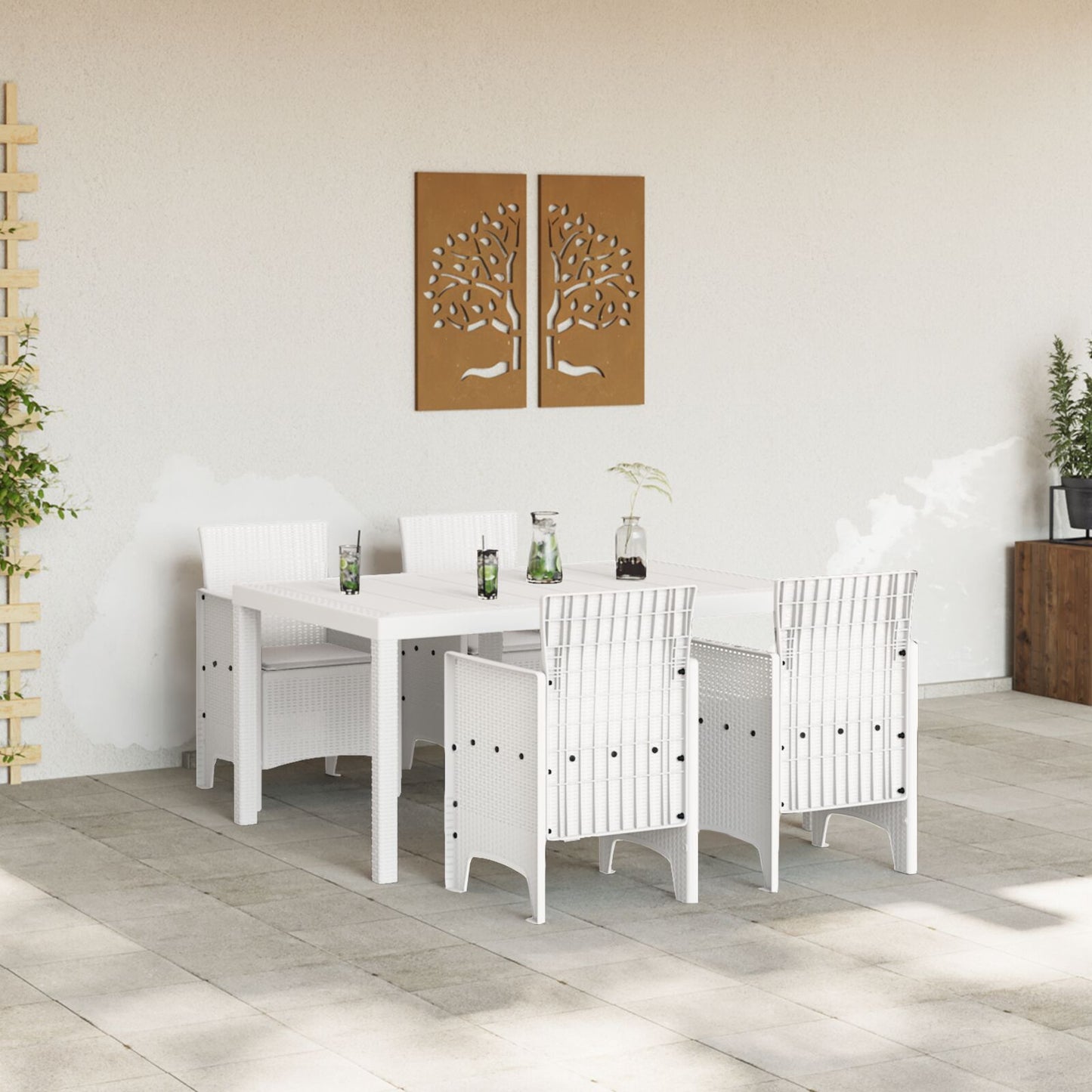 vidaXL 5-teiliges Garten Essset mit Kissen Weiß Poly Rattan