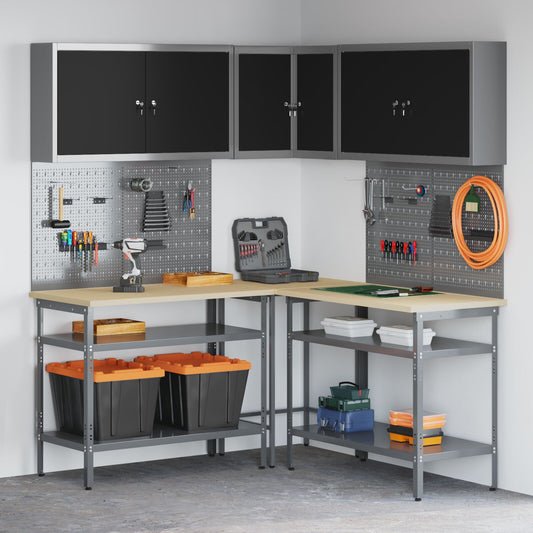 vidaXL 10-teiliges Werkzeuglager-Set Tisch Schwarz, Holzwerkstoff und Metall