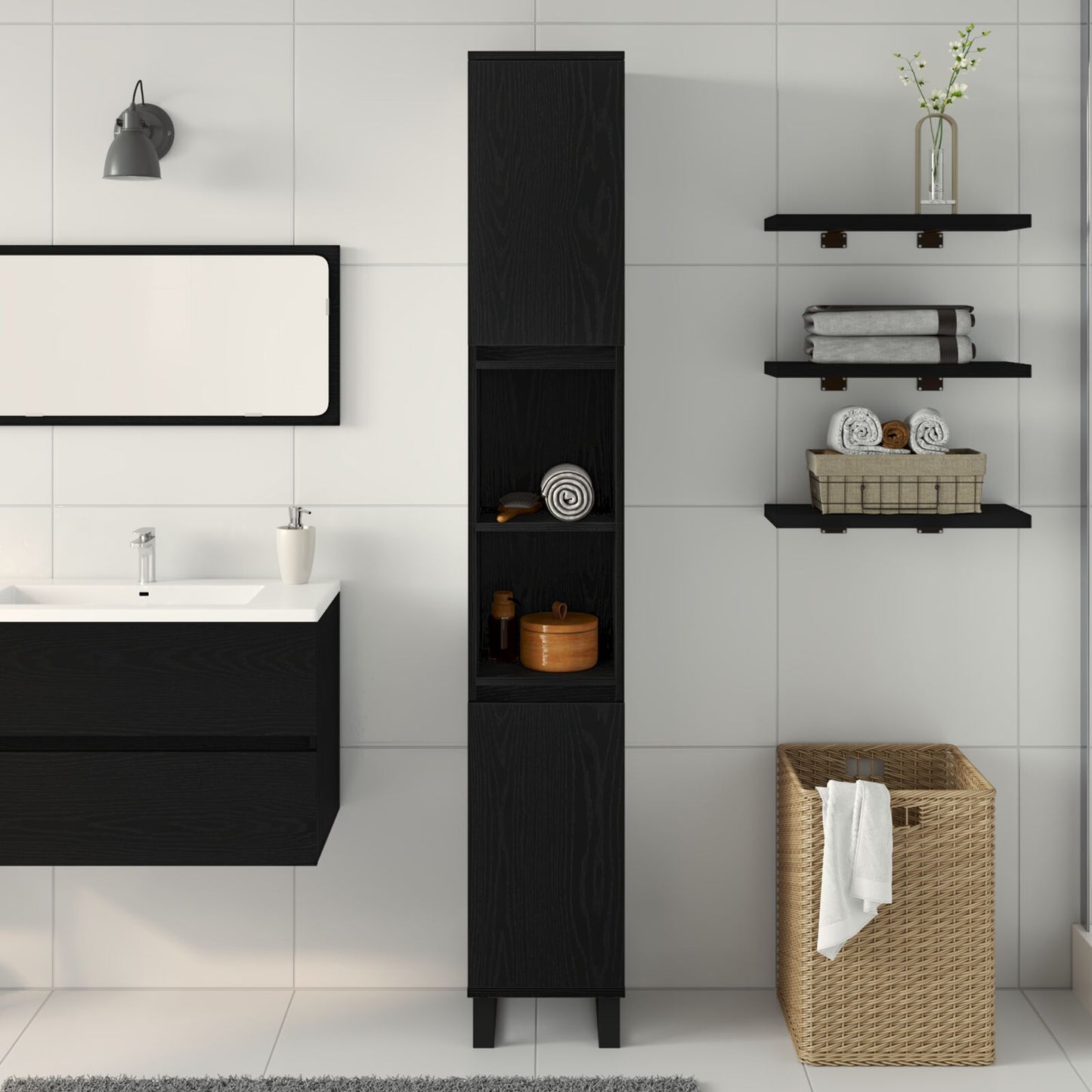 vidaXL Badezimmer Schrank Schwarz Eiche 30x30x190 cm Holzwerkstoff