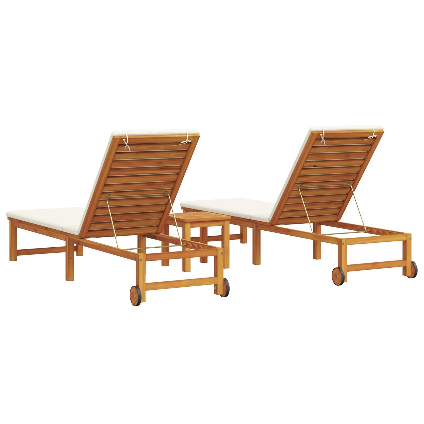 vidaXL Sonnenliegen 2 Stück mit Tisch und Kissen aus massivem Akazienholz, vidaXL Sonnenliege mit cremefarbenen Kissen aus massivem Akazienholz, vidaXL Gartenbeistelltisch 35x35x34 cm aus massivem Akazienholz