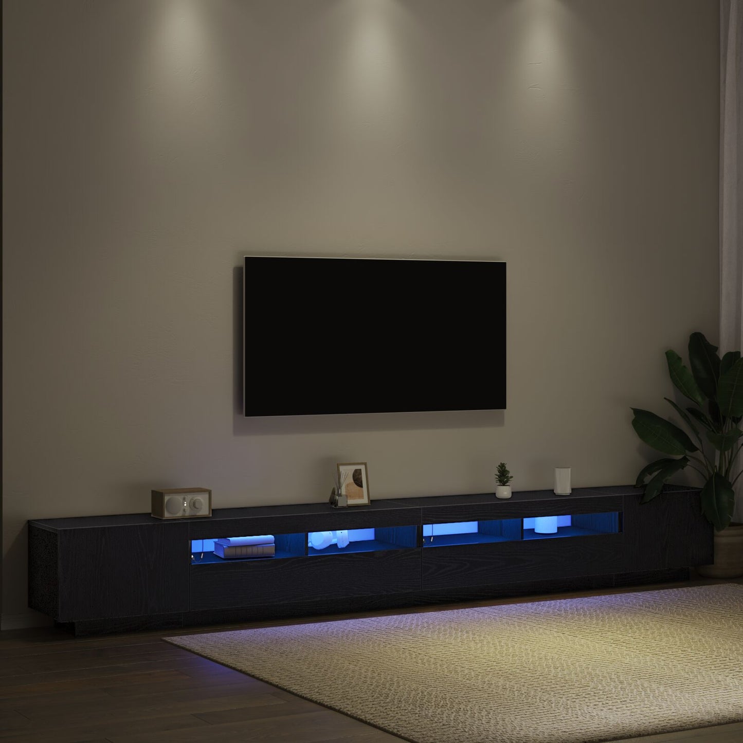vidaXL TV-Schrank mit LED-Lichtern in Schwarz und Eiche, 300x35x40 cm, Holzwerkstoff