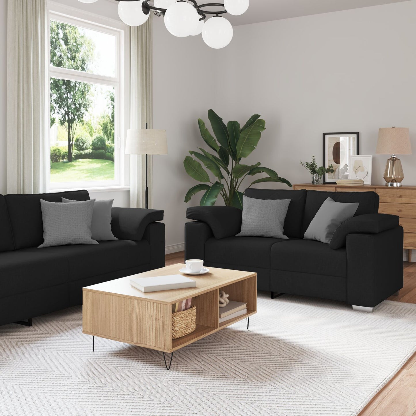 vidaXL 3-teilige Sofagarnitur mit Kissen Schwarz Stoff