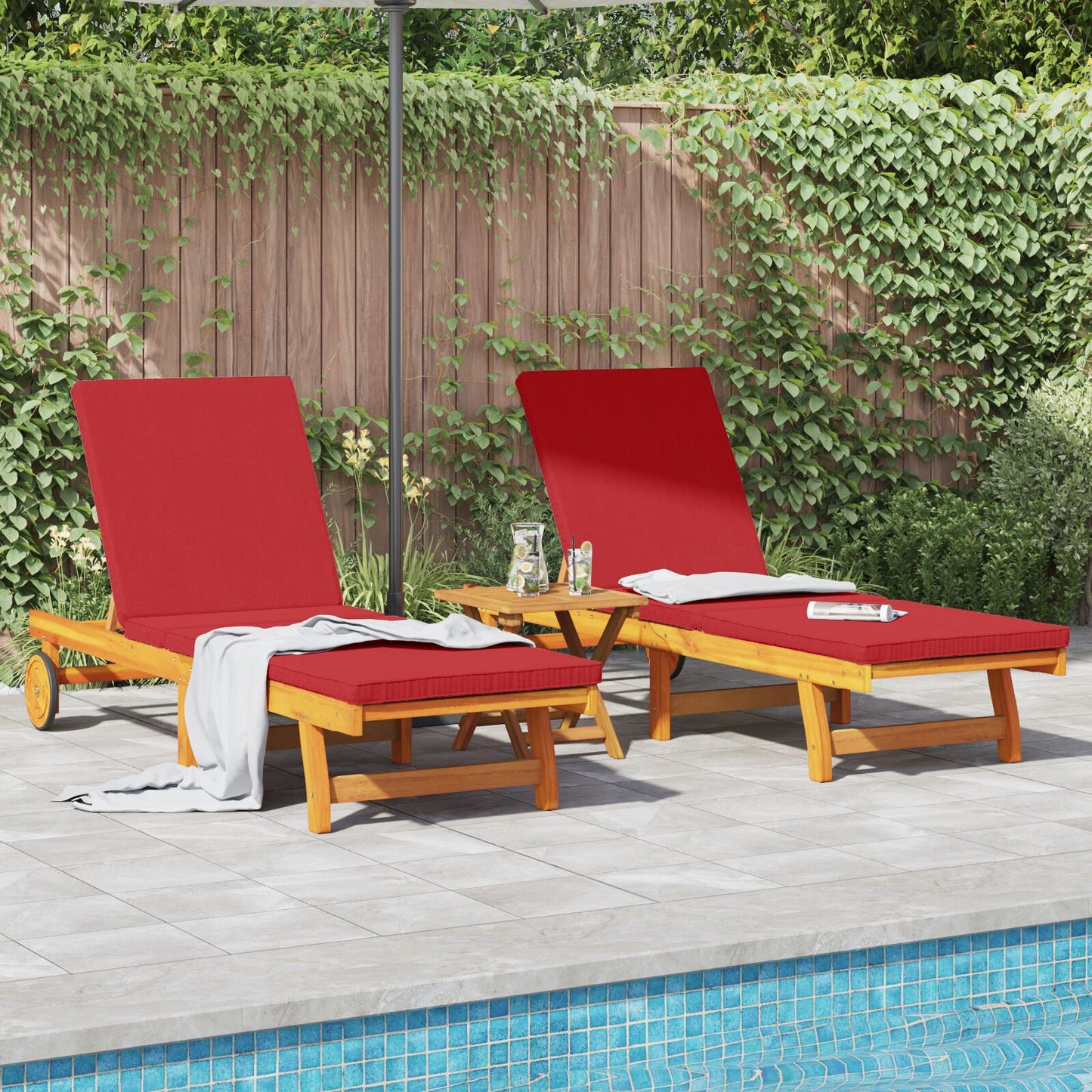 vidaXL 2er Set Sonnenliegen mit Rädern und Kissen aus massivem Akazienholz