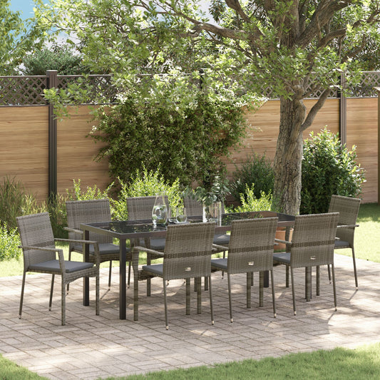 vidaXL 9-teiliges Garten-Ess-Set mit Kissen aus grauem Poly-Rattan
