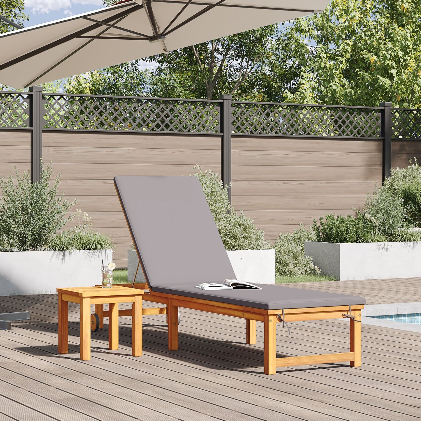 vidaXL Sonnenliege mit Tisch und Kissen aus solidem Akazienholz, vidaXL Sonnenliege mit hellgrauen Kissen aus solidem Akazienholz, vidaXL Gartenbeistelltisch 35x35x34 cm aus solidem Akazienholz