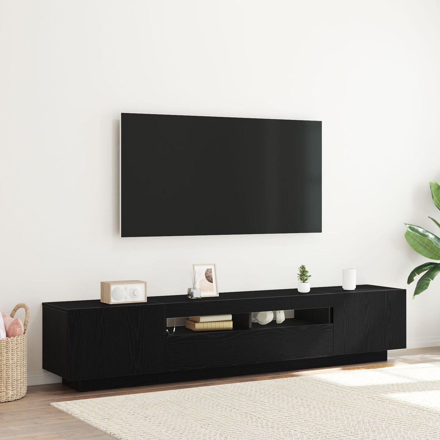 vidaXL TV-Schrank mit LED-Licht in Schwarz und Eiche 200x35x40 cm aus Holzwerkstoff