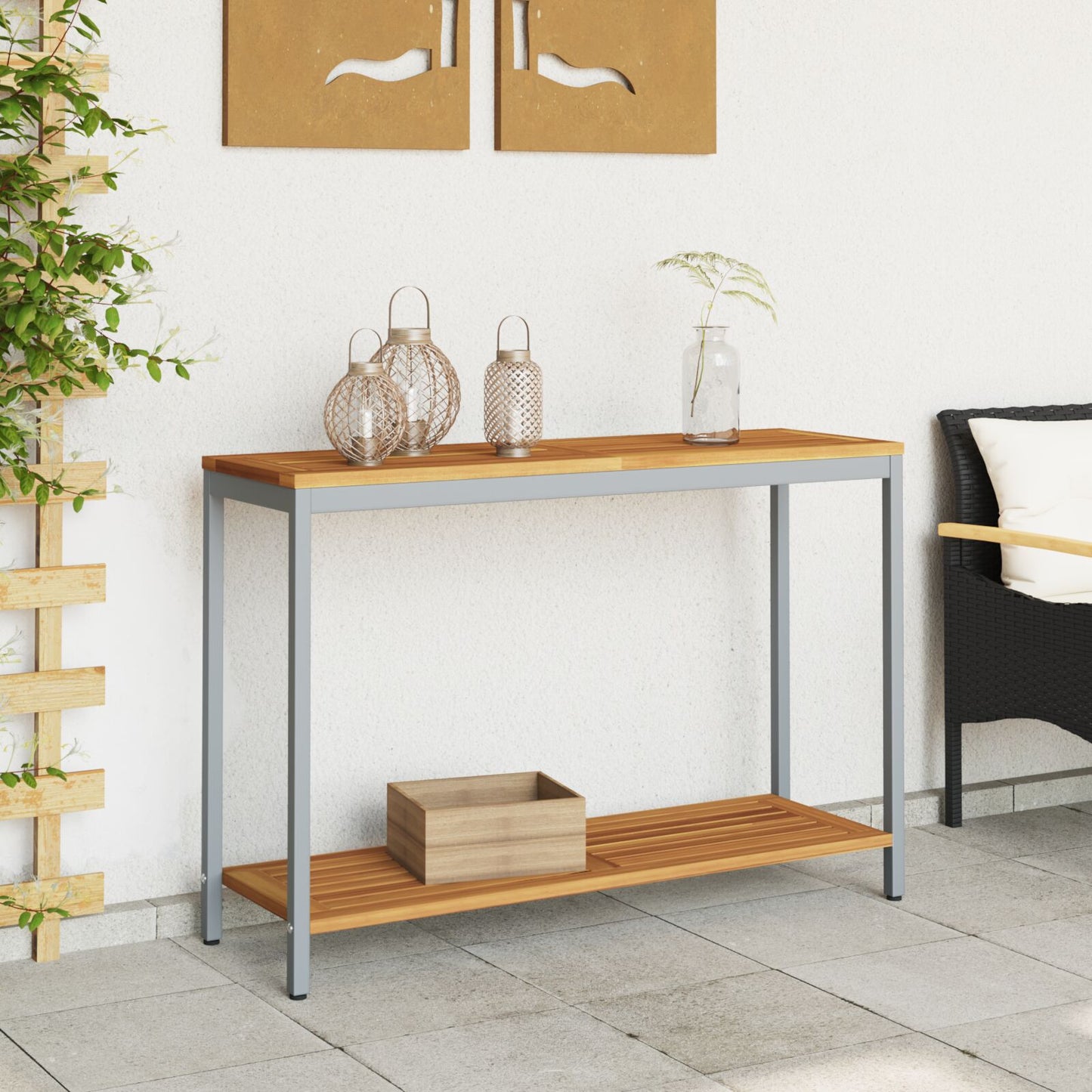 vidaXL Gartentisch Natur & Grau 35x110x75 cm aus Massivholz und Stahl