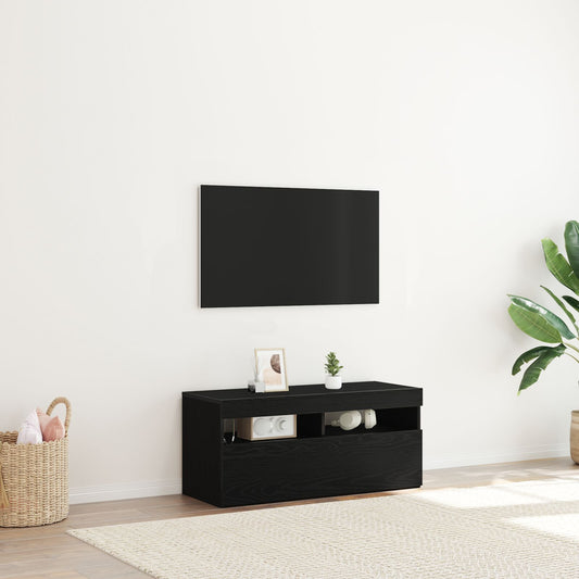 vidaXL TV-Schrank mit LED-Lichtern, Schwarz, Eiche, 90x35x40 cm, Holzwerkstoff