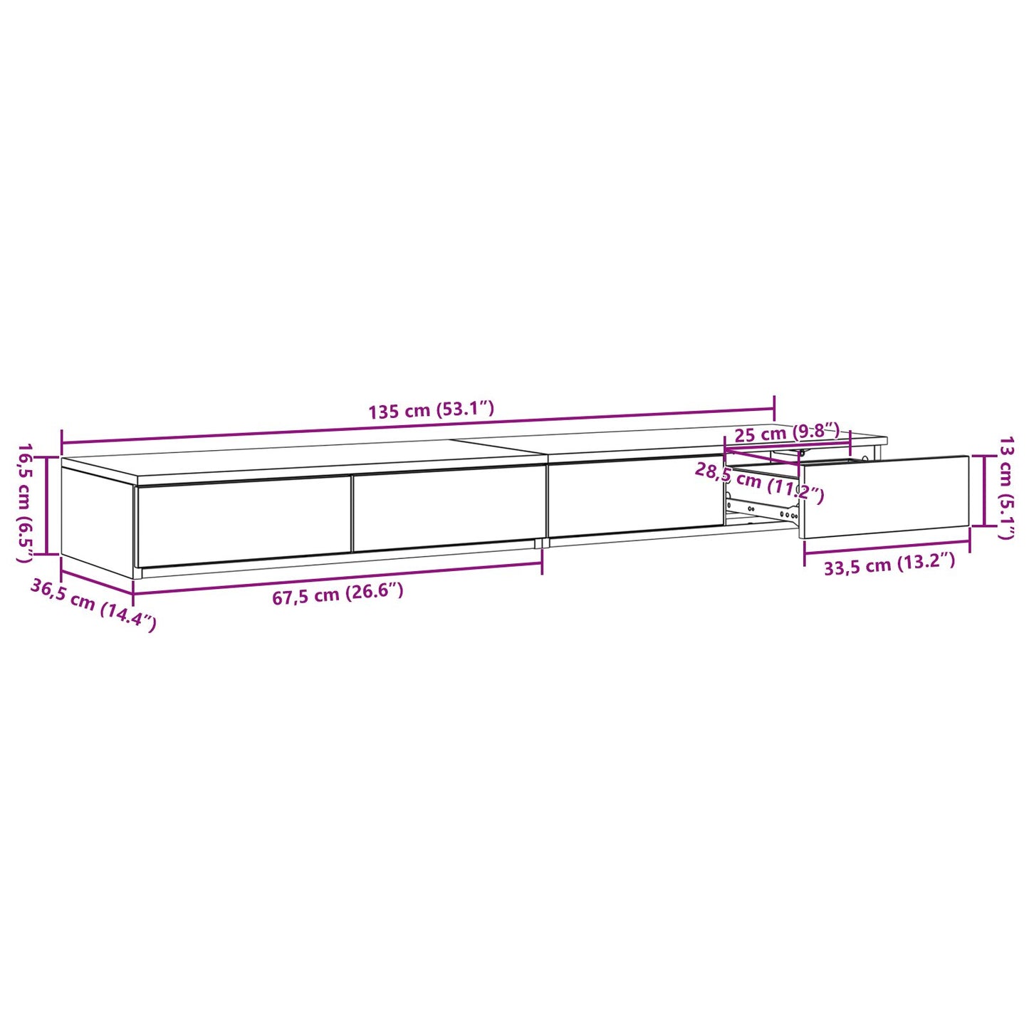 vidaXL Bett-Schubladen Grau Sonoma 135x36,5x16,5 cm aus Holzwerkstoff