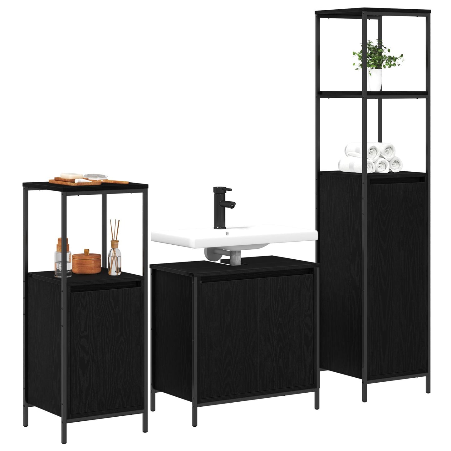 vidaXL 3-teilige Badezimmermöbel Set Schwarze Eiche Holzwerkstoff