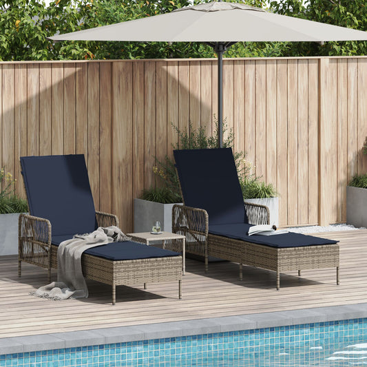 vidaXL Sonnenliege Set aus 3 Grau und marineblau PE-Rattan, Metall