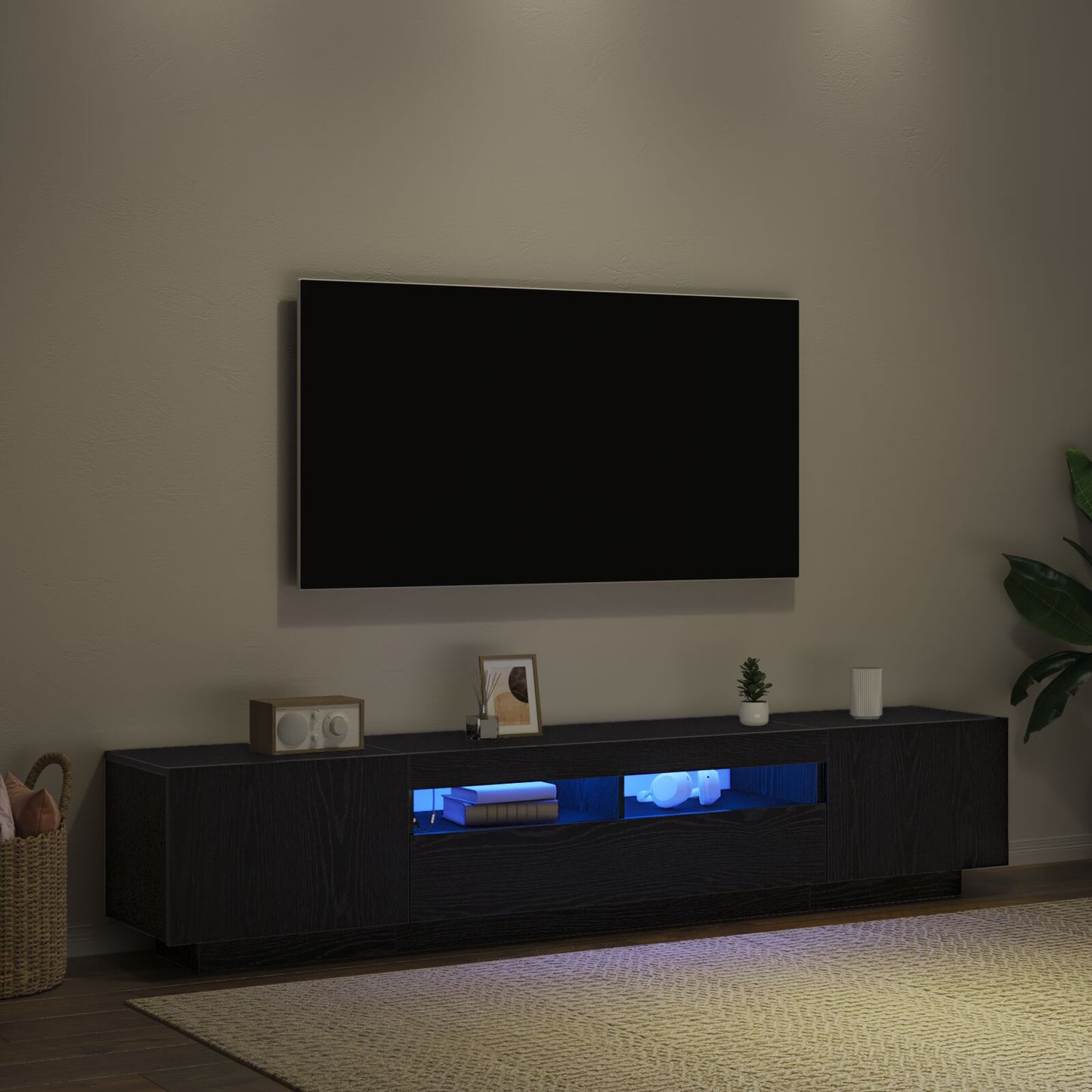 vidaXL TV-Schrank mit LED-Licht in Schwarz und Eiche 200x35x40 cm aus Holzwerkstoff