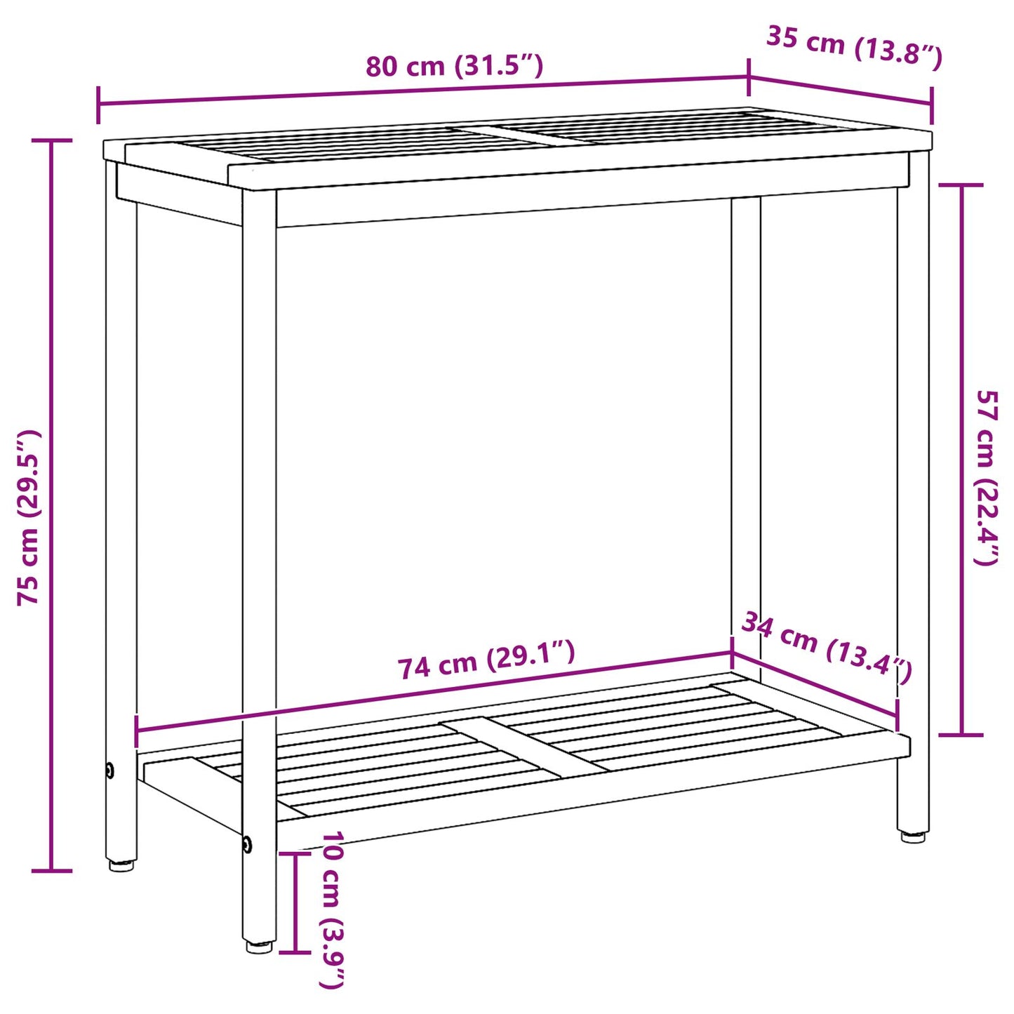 vidaXL Outdoor Tisch Natur & Schwarz 35x80x75 cm Massivholz und Stahl