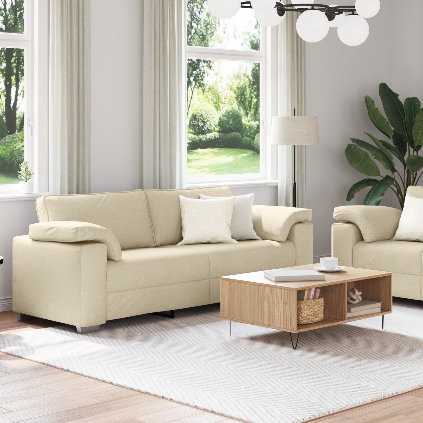 vidaXL 2-teiliges Sofa Set mit Kissen in cremefarbener Stoff