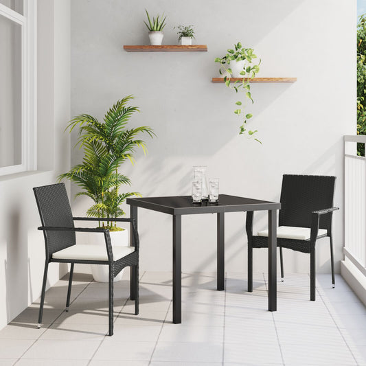 vidaXL 3-teiliges Garten-Essset mit Kissen, Schwarz, Poly-Rattan