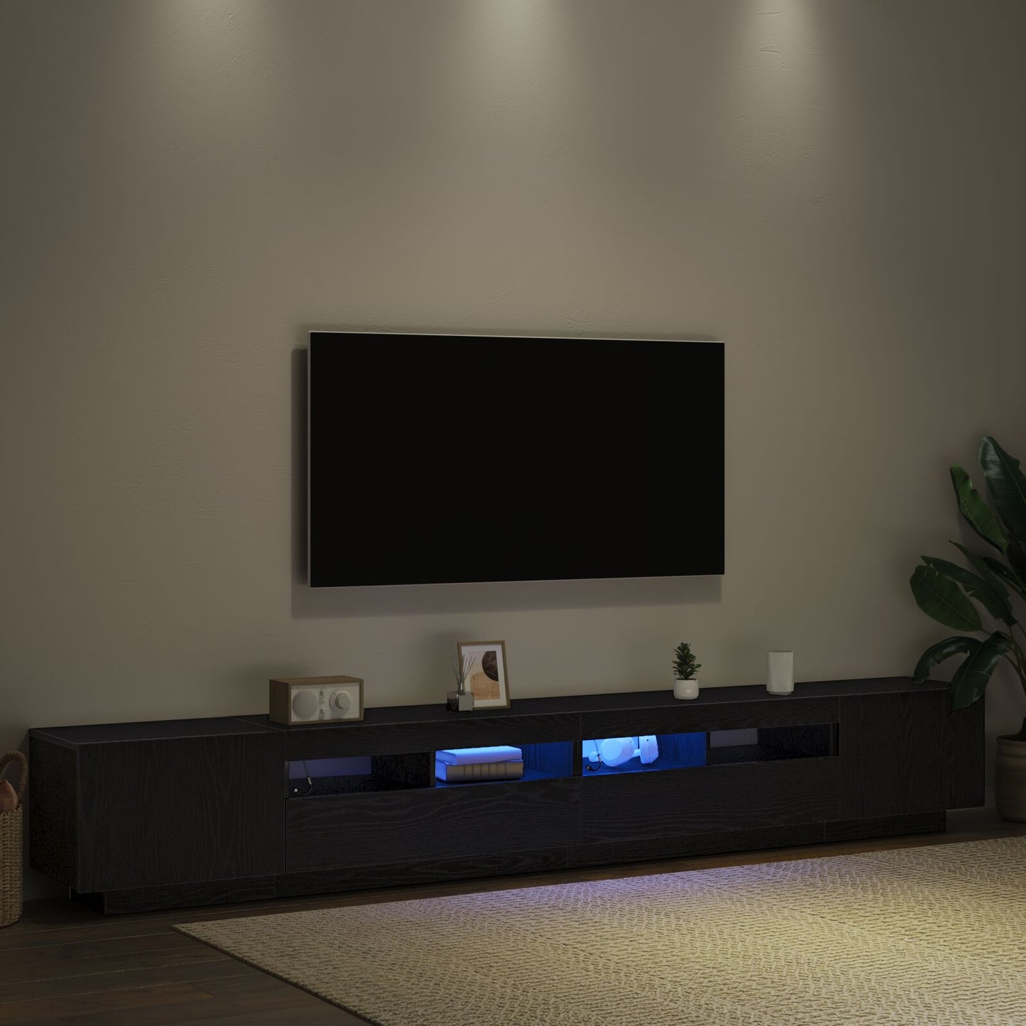 vidaXL TV-Schrank mit LED-Leuchten, schwarz, Eiche, 260x35x40 cm, Holzwerkstoff