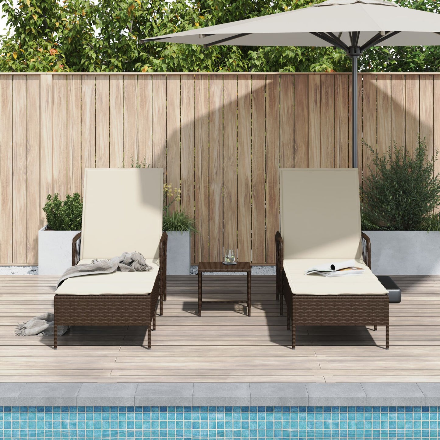 vidaXL Sonnenliege Set 3-teilig Braun und cremeweiß PE Rattan, Metall