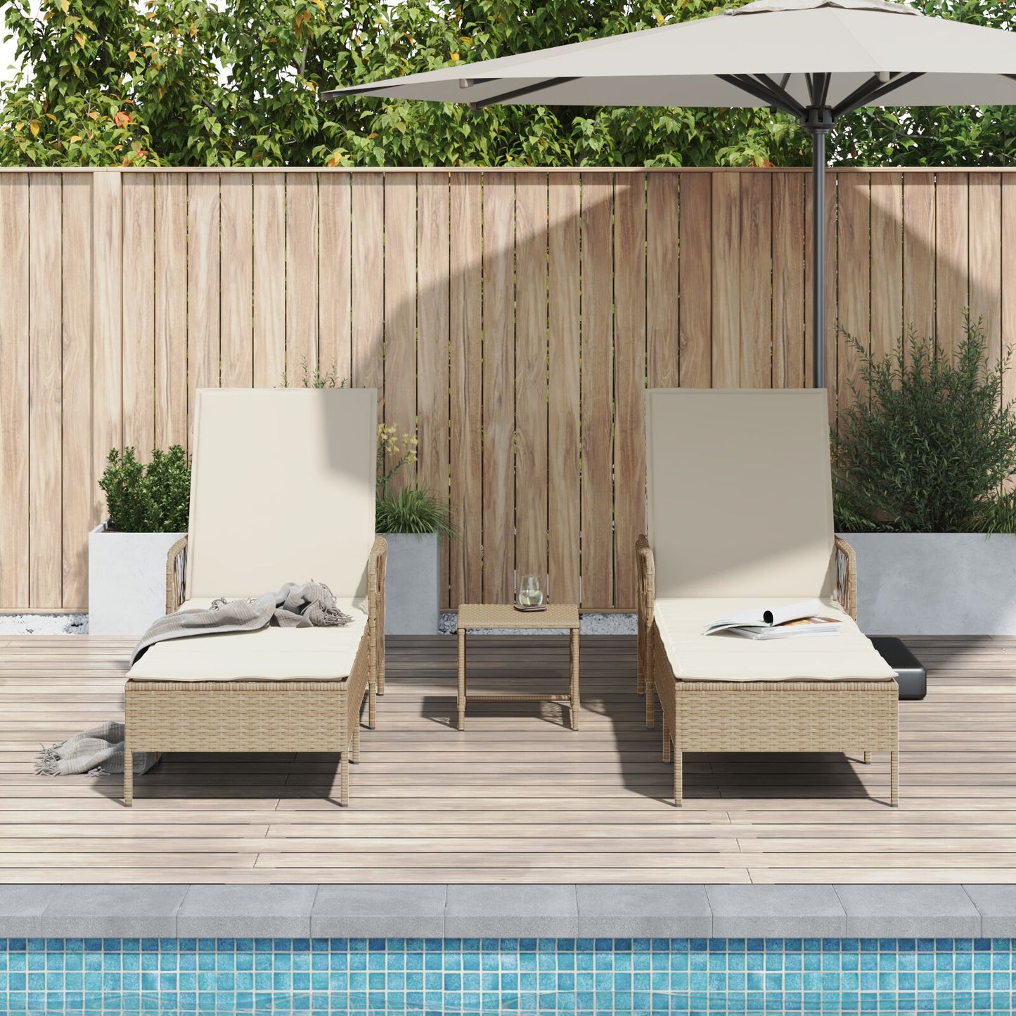 vidaXL Sonnenliegen-Set Set von 3 Beige und Cremeweiß PE Rattan, Metall