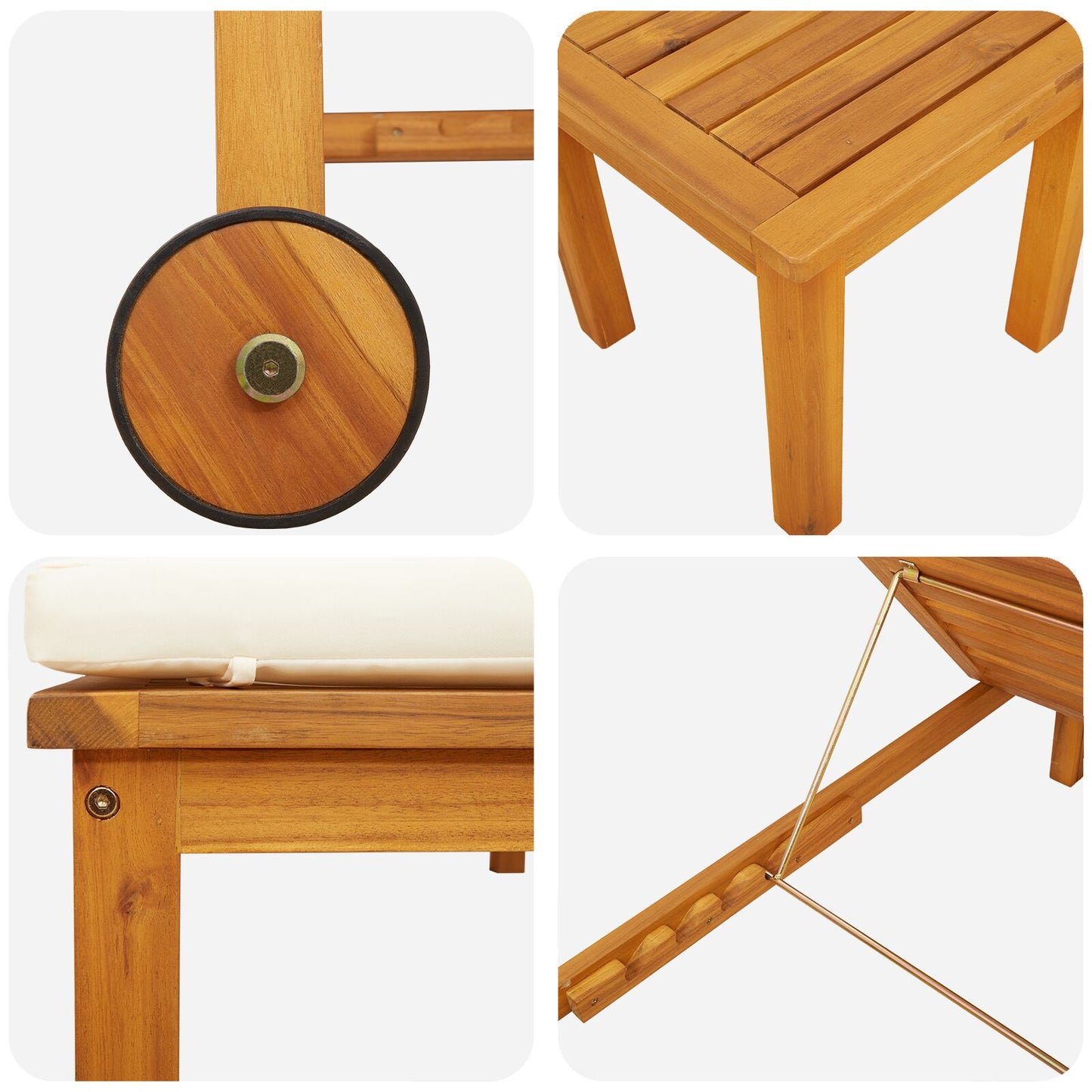vidaXL Sonnenliegen 2 Stück mit Tisch und Kissen aus massivem Akazienholz, vidaXL Sonnenliege mit cremefarbenen Kissen aus massivem Akazienholz, vidaXL Gartenbeistelltisch 35x35x34 cm aus massivem Akazienholz