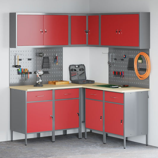 vidaXL 12-teiliges Werkstattschrank- und Lochwandset in Rot aus MDF und Metall