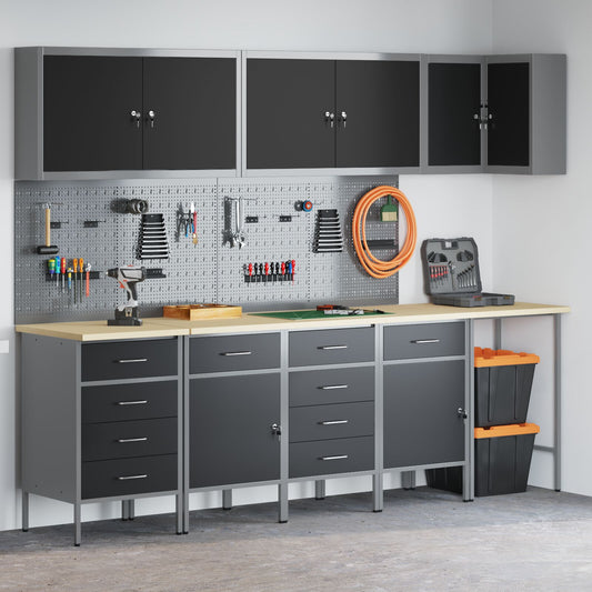 vidaXL 12-teiliges Werkstattschrank- und Pegboard-Set Schwarz MDF und Metall