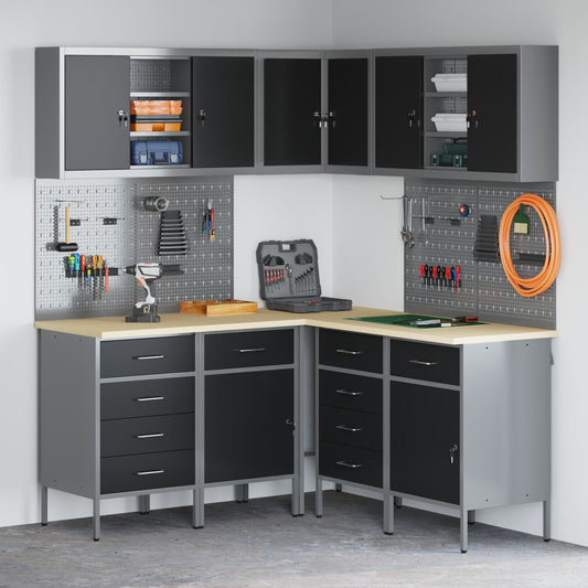 vidaXL 12-teiliges Werkstatt-Schrank- und Lochplatten-Set Schwarz MDF und Metall