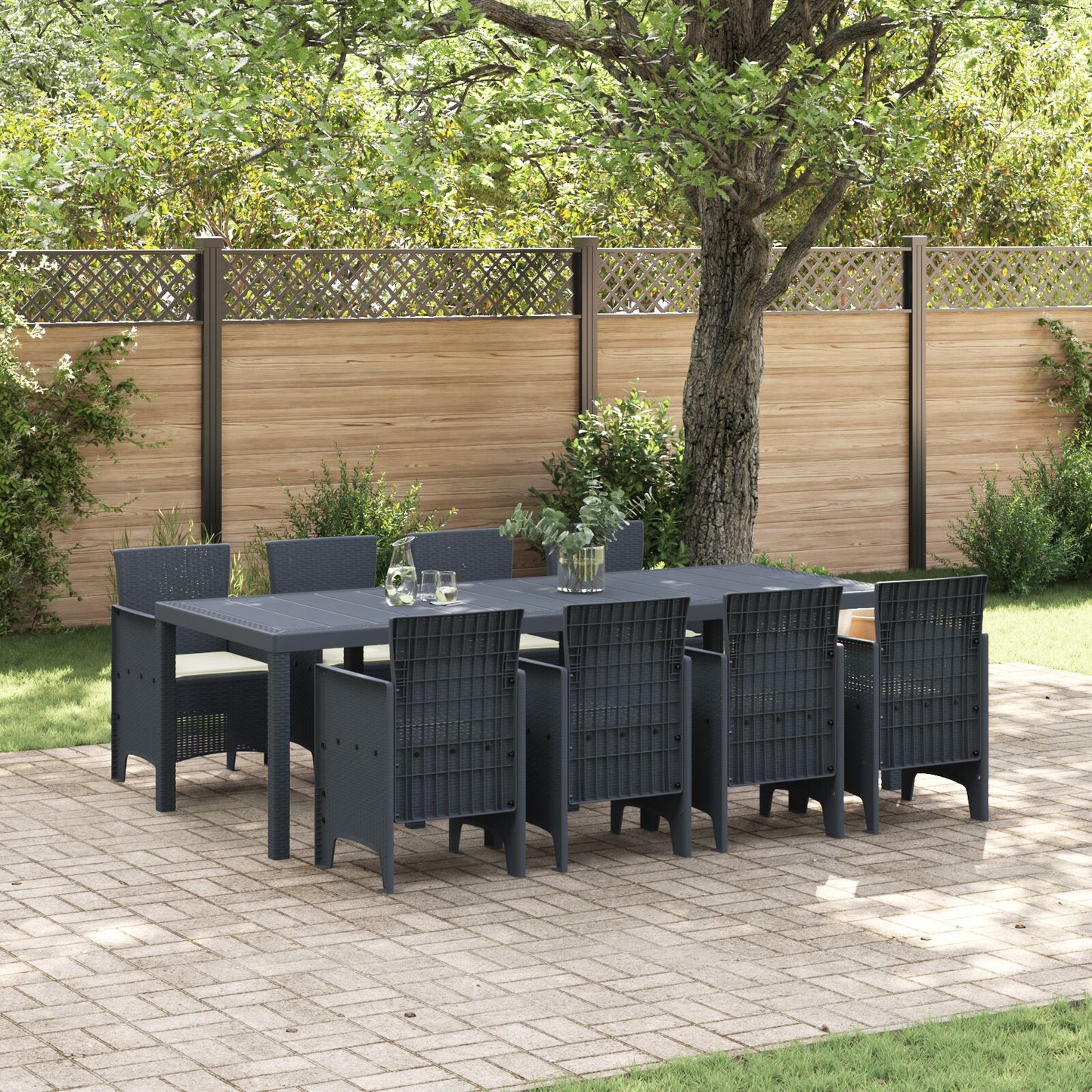 vidaXL 9-teilige Garten Essgruppe mit Kissen Anthrazit Poly-Rattan