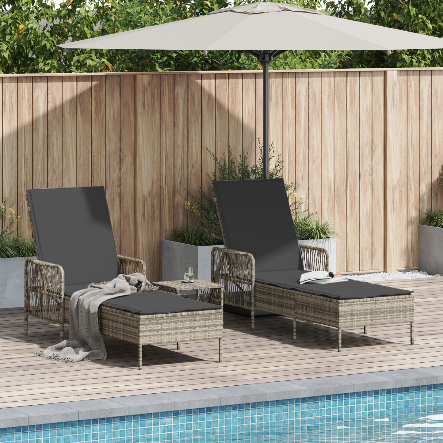vidaXL Sonnenliege Set von 3 Hellgrau und Dunkelgrau PE-Rattan, Metall